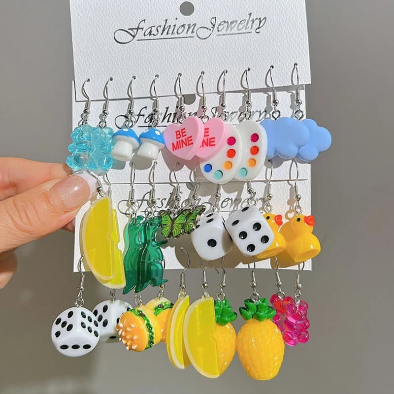 New Cartoon Sweet Earrings Set Cute Animal Duck Bear Colorful Fruit Dangle Earrings for Women Girls Trendy Dopamine Jewelry Gift