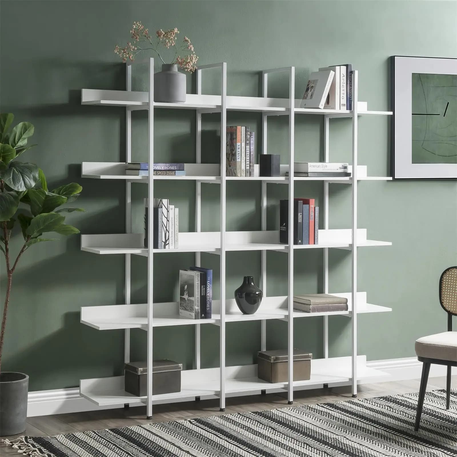 5-Tier Bookcase with Metal Frame Vintage Open Bookshelf Industrial Style Book Case for Home Office Living Room White