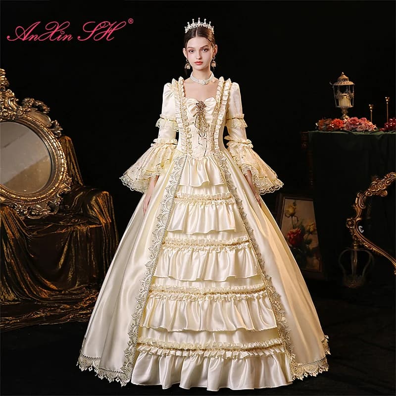AnXin SH vintage princess champagne satin ruffles sweetheart beading bow flare sleeve ball gown lace up customized Prom Dresses