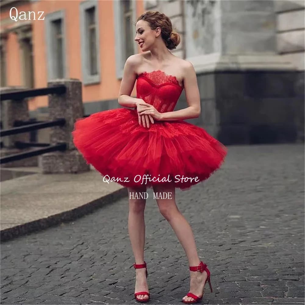 Qanz Red Prom Ball Gown Tulle Ruffles Ruched Strapless Appliques Lacebirthday Outfits Women Short Vestido De Fiesta Customized