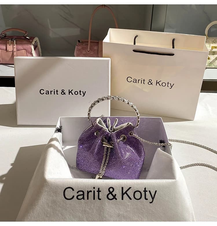 Luxury Designer Purple Color Rhinestones Diamond Evening Clutch Bag Wedding Party Bucket Purse Women's Handbag Crossbody Bag