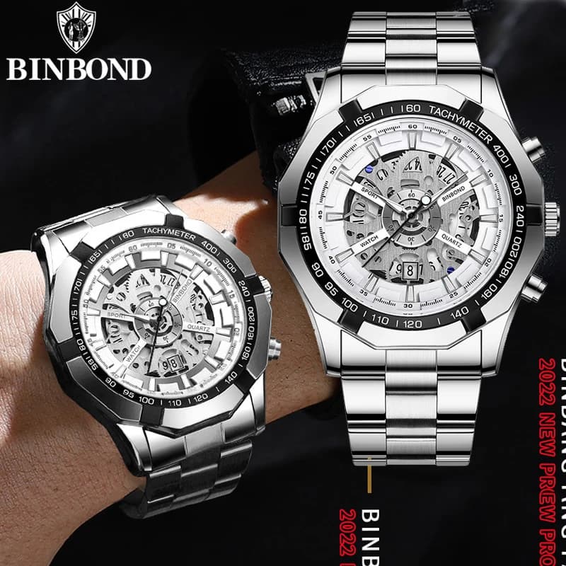 BINBOND S033 Classics Hollow Non-Mechanical Business Quartz Mens Watches 30M Waterproof Trendy Hollow Design Luxury Men Watches