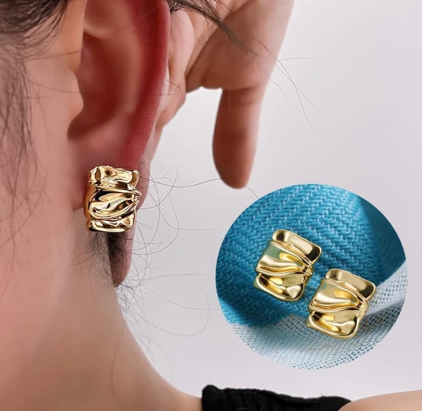 Punk Gold Plated Square Polished Small Stud Earrings for Women Girls Geometric Pleated Metal Cool Piercing Ear Jewelry Gifts