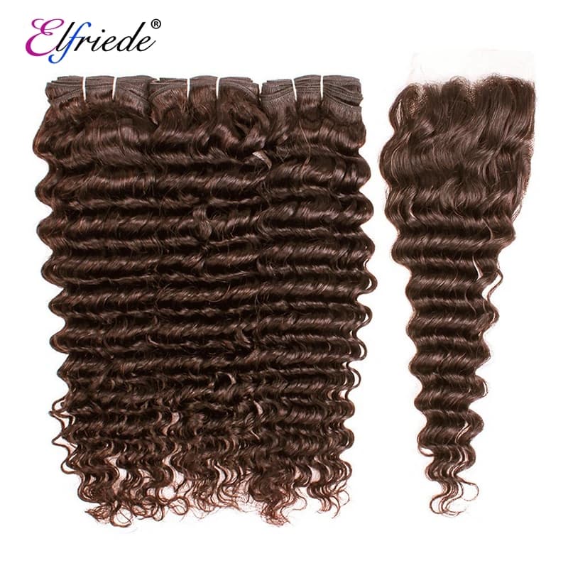 Elfriede #4 Chocolate Brown Deep Wave Colored Hair Bundles with Closure Brazilian Human Hair 3 Bundles with Lace Closure 4x4