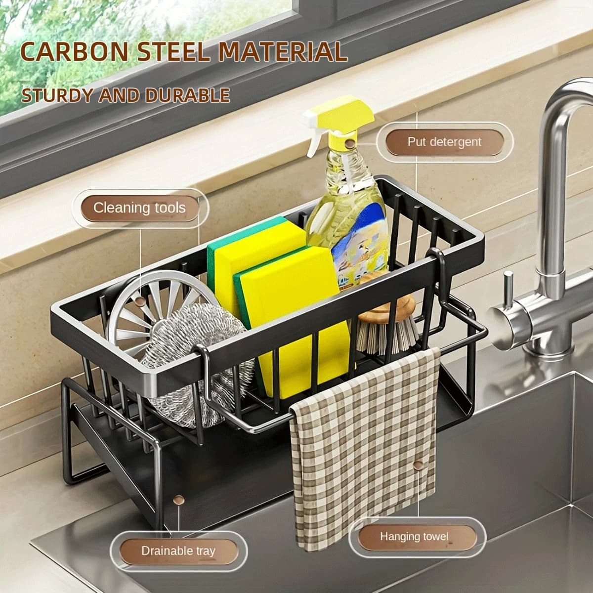 YUJI Stainless Steel Drain Basket Kitchen Storage Rack with Sponge Rack Cleaning Towel Rack