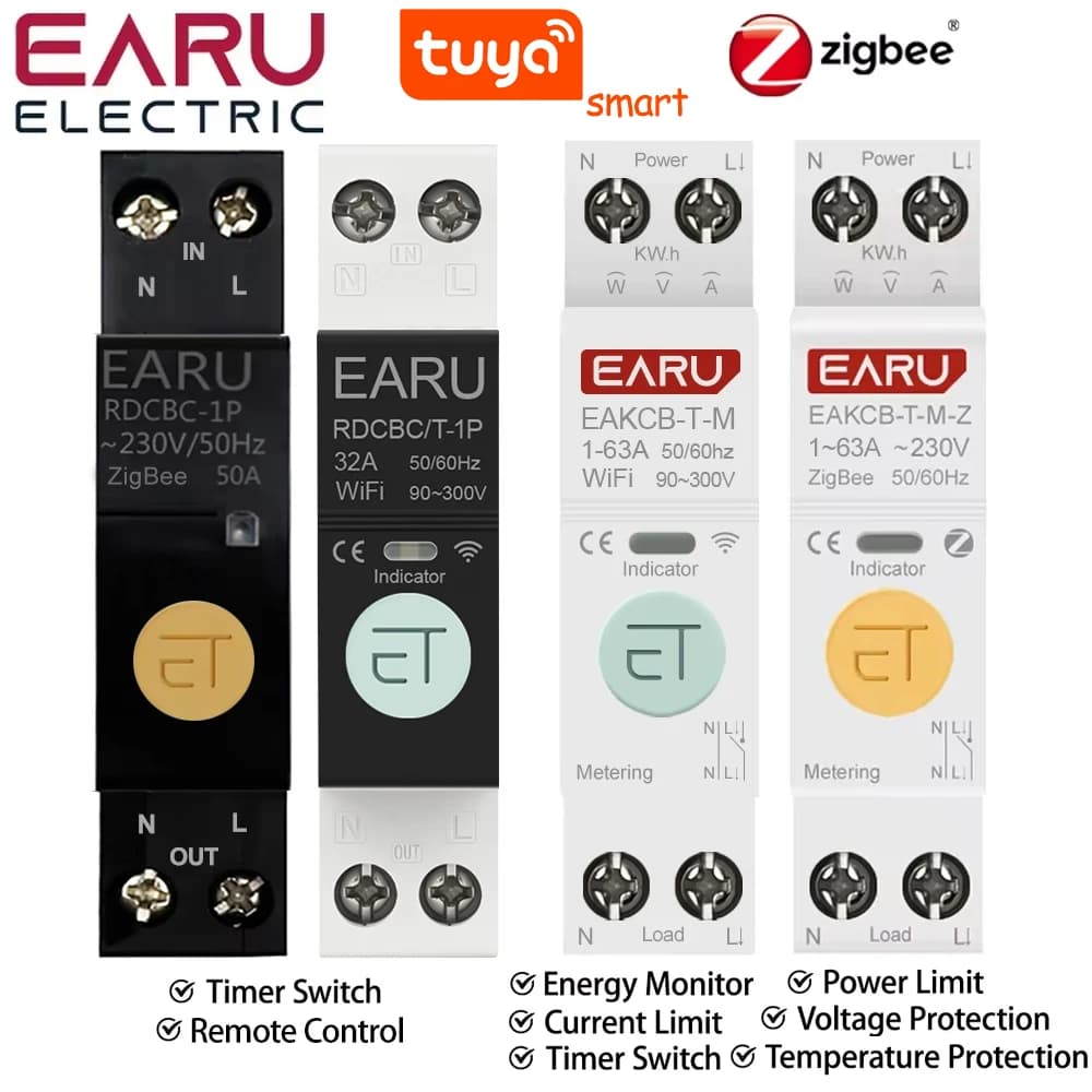 Zigbee TUYA WiFi Smart Circuit Breaker Over Current Under Voltage Protection Power Metering 1-63A Wireless Remote Control Switch