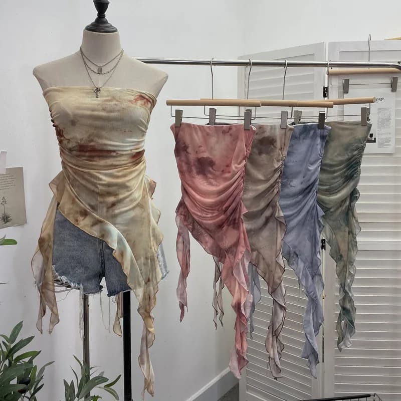 Women's Tie Dye Ruffled Ribbon Mesh Tube Top Irregular Mesh Sleeveless Tube Top Sexy Backless Vest Party Leisure Essential 9956