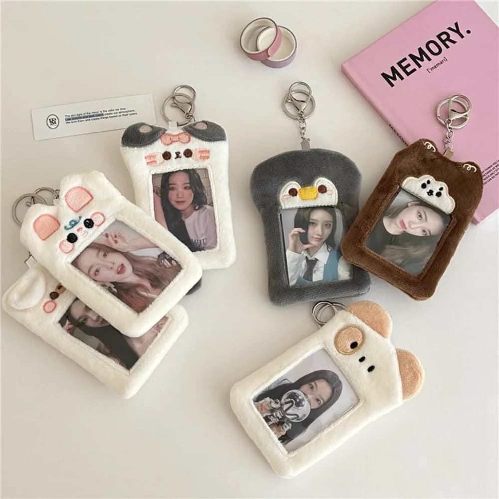 Kawaii Bear Dog Cat Rabbit Plush Photocard Holder Kpop Idol Photo Holder Girl Cute Keychain ID Credit Protector Stationery