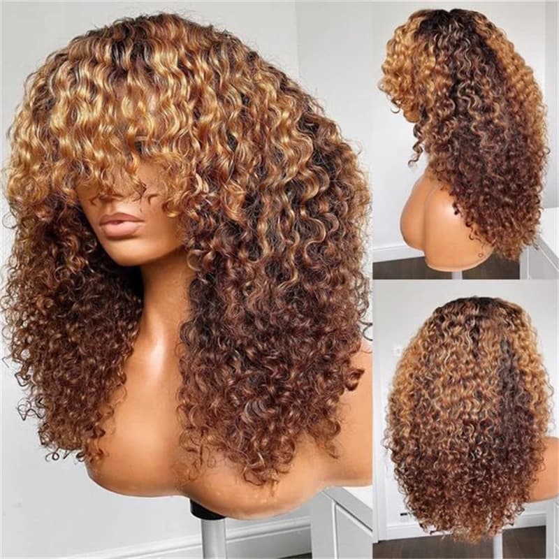 Soft Ombre Blond 26 Inch Kinky Curly Machine Wig With Bangs For Women High Temperature Fiber Cosplay Glueless Daily Use Wig