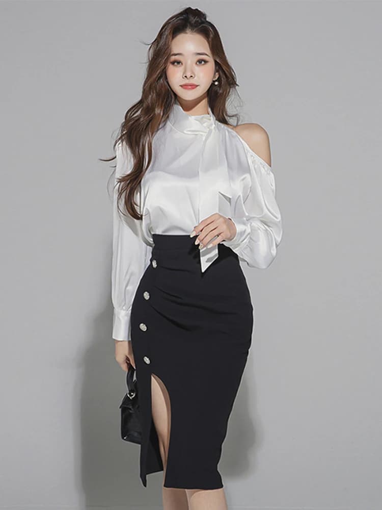Korean Elegant 2 Piece Set Professional White Satin Loose Hollow Shirt Tops High Waist Slit Midi Skirt Women Lady Outfit Autumn
