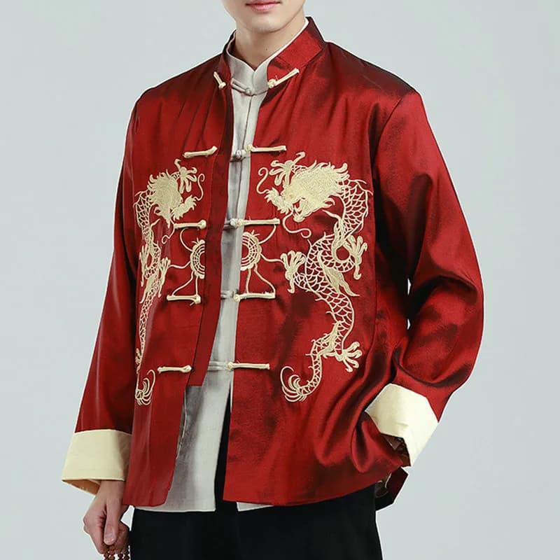 Men Embroidered Tops Chinese Traditional Phoenix Printed Clothes Dragon Tang Suit Clothing Long Sleeve Festival New Year Jacket