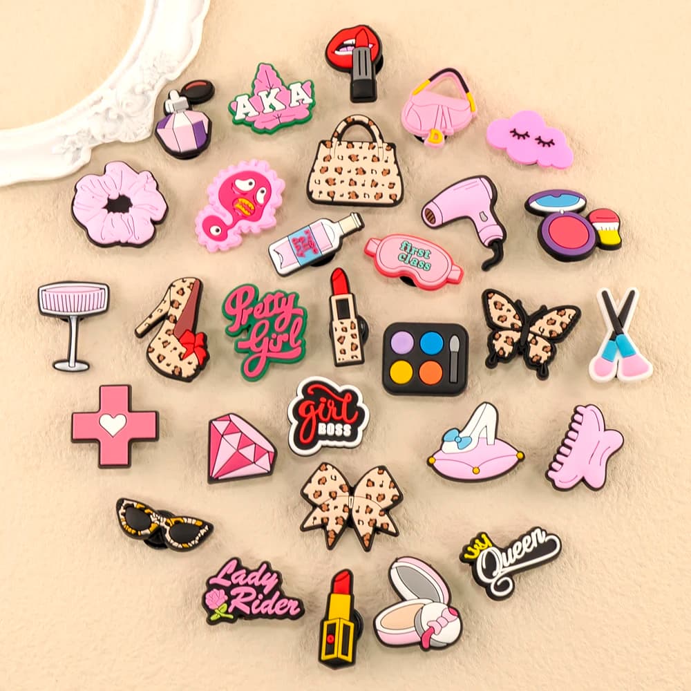 1/30pcs Beauty Care Shoe Charms Lipstick Leopard Print Girlboss Queen Shoe Decorations Pins for Women Girl Pink Pins Accessories