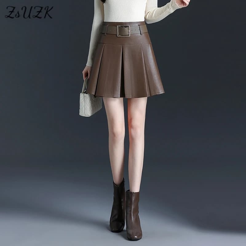 ZUZK Women New PU Leather Mini Sexy Skirt Fall Winter High Waist  Simple Elegant Short Bodycon Pleated Skirt Boot skirt 