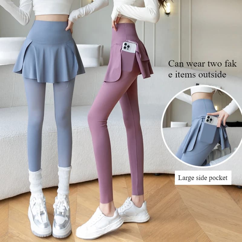 Women Fake Two Pieces Leggings Seamless Fitness Leggings High Waist with Pocket Elastic Slim Fashion Hip Liftting Yoga Pants