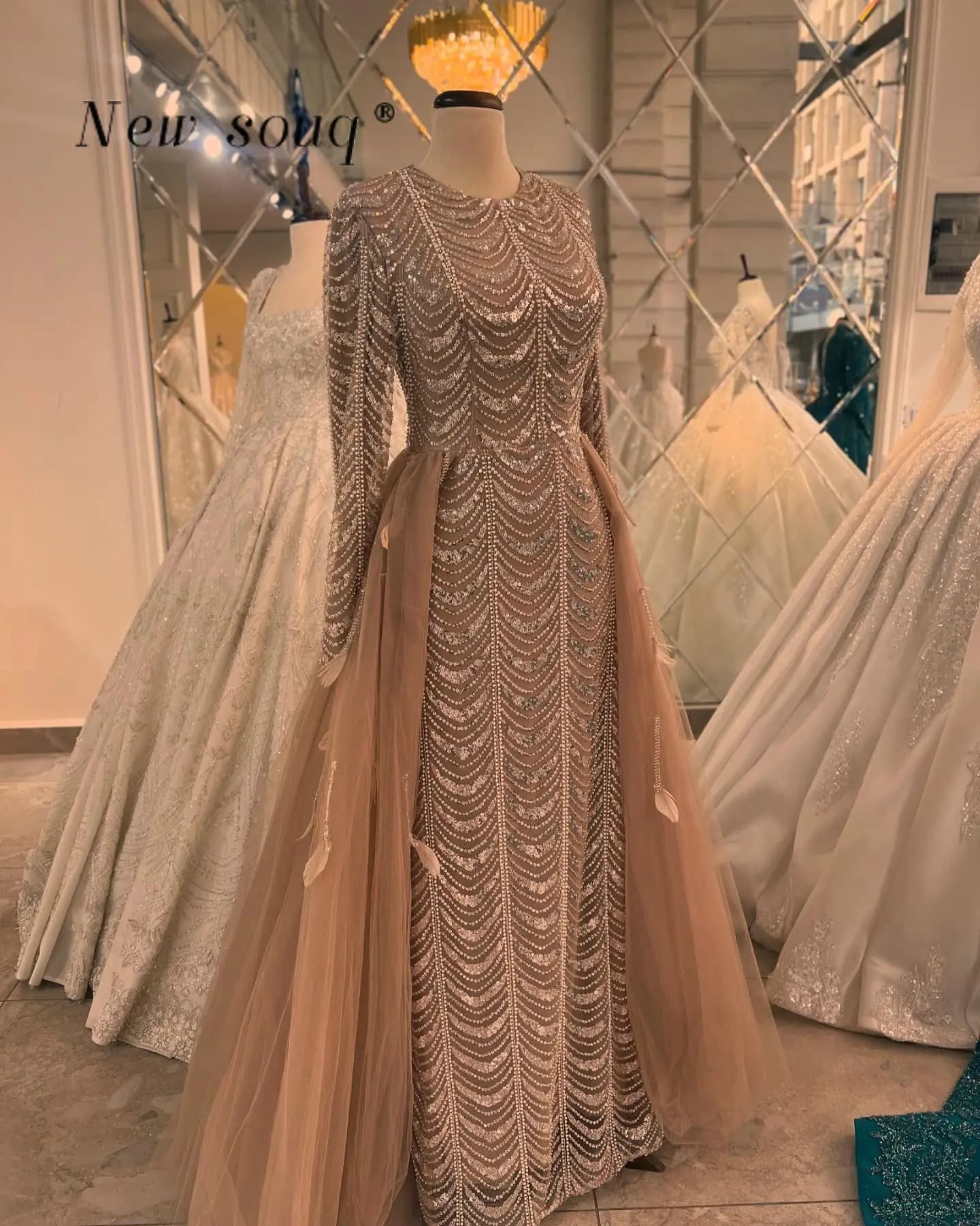 Middle East Muslim Coffee Sparkle Beaded Sequins Evening Dresses Customized Dubai Formal Wedding Party Wear Gowns for Women