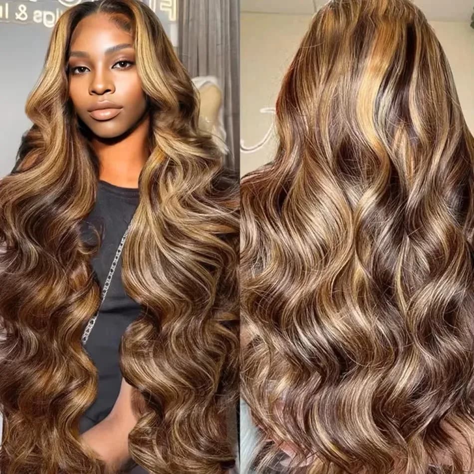 36 Inch Highlight Body Wave Human Hair Wigs 4/27 Honey Blonde 13x6 Lace Frontal Wig 13x4 Lace Front Wigs Curly Wigs 200 Density
