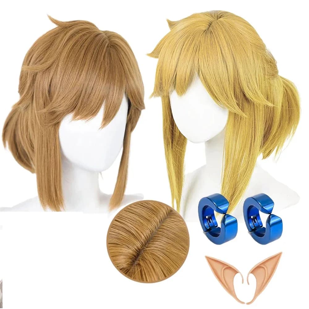 Link Cosplay Blonde Brown Wig Tears of the Kingdom Heat Resistant Synthetic Wigs for Halloween Party with Elf Ears Earrings