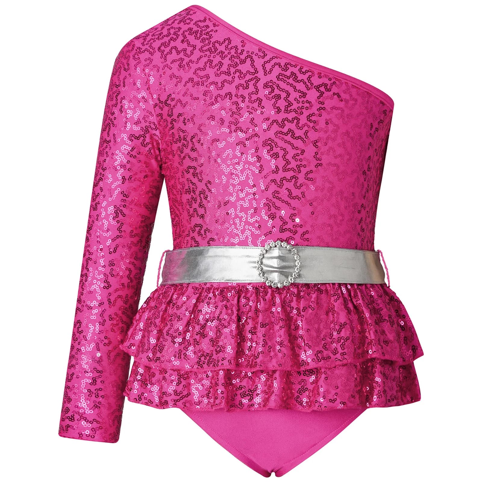 Kid Girls Ballet Dance Leotard Figure Skating Rhythmic Gymnastics Costume Oblique Shoulder Sequin Bodysuit Performance Dancewear