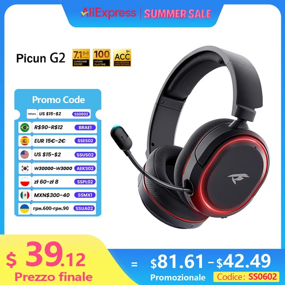 Picun G2 2.4G Wireless Gaming Headset Bluetooth Headphones 5ms Low Latency 7.1 Surround ENC Mic For PC PS4 PS5 Phone Switch