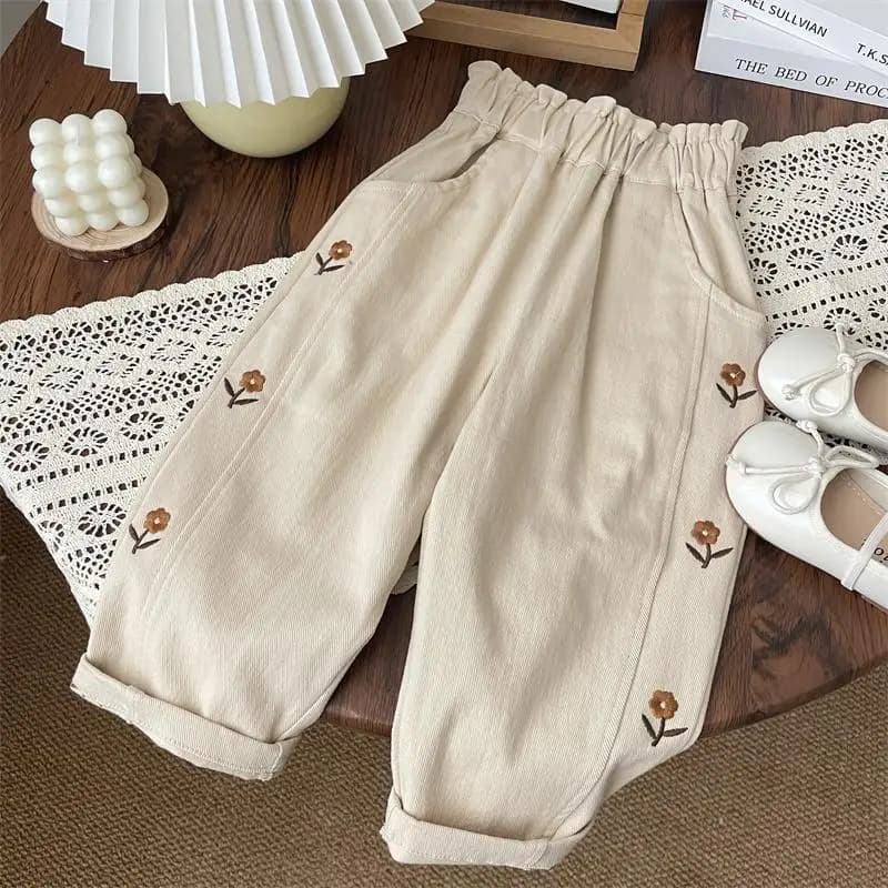 2025 Autumn Children Casual Pants 2-6T Girls Flower Embroidery Cotton Trousers Kids Baby