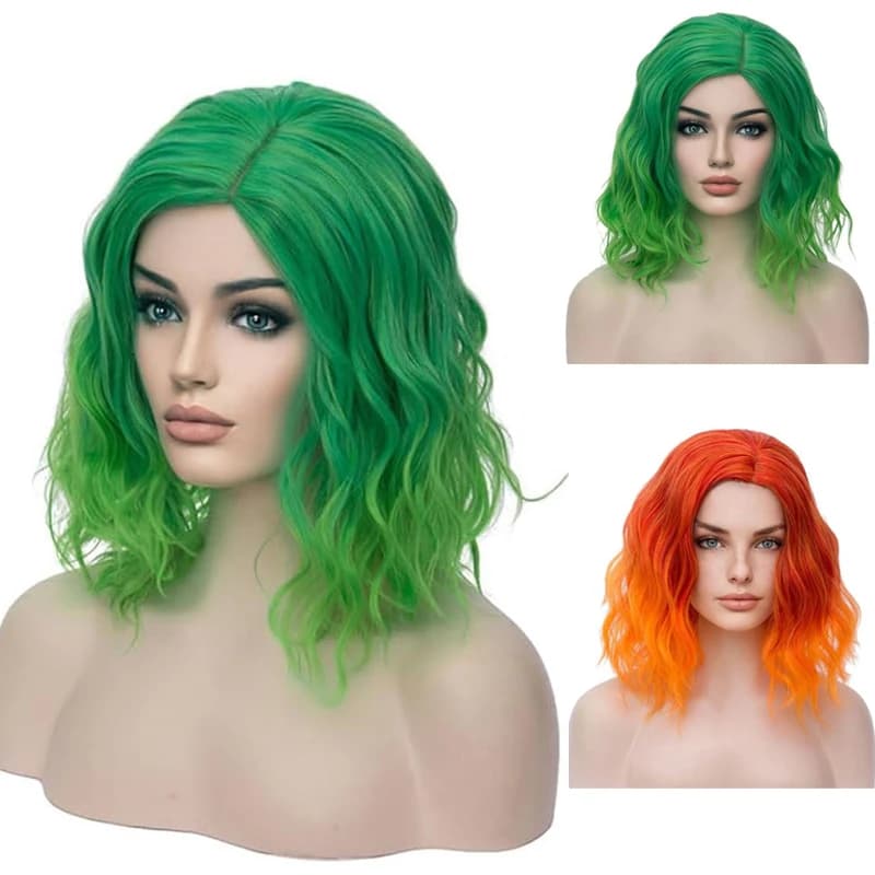 2024 Fancy Synthetic Green Ombre Wig For Women Short Curly Wavy Bob Wigs Halloween Cosplay Wigs Heat Resistant Bob Party Wig