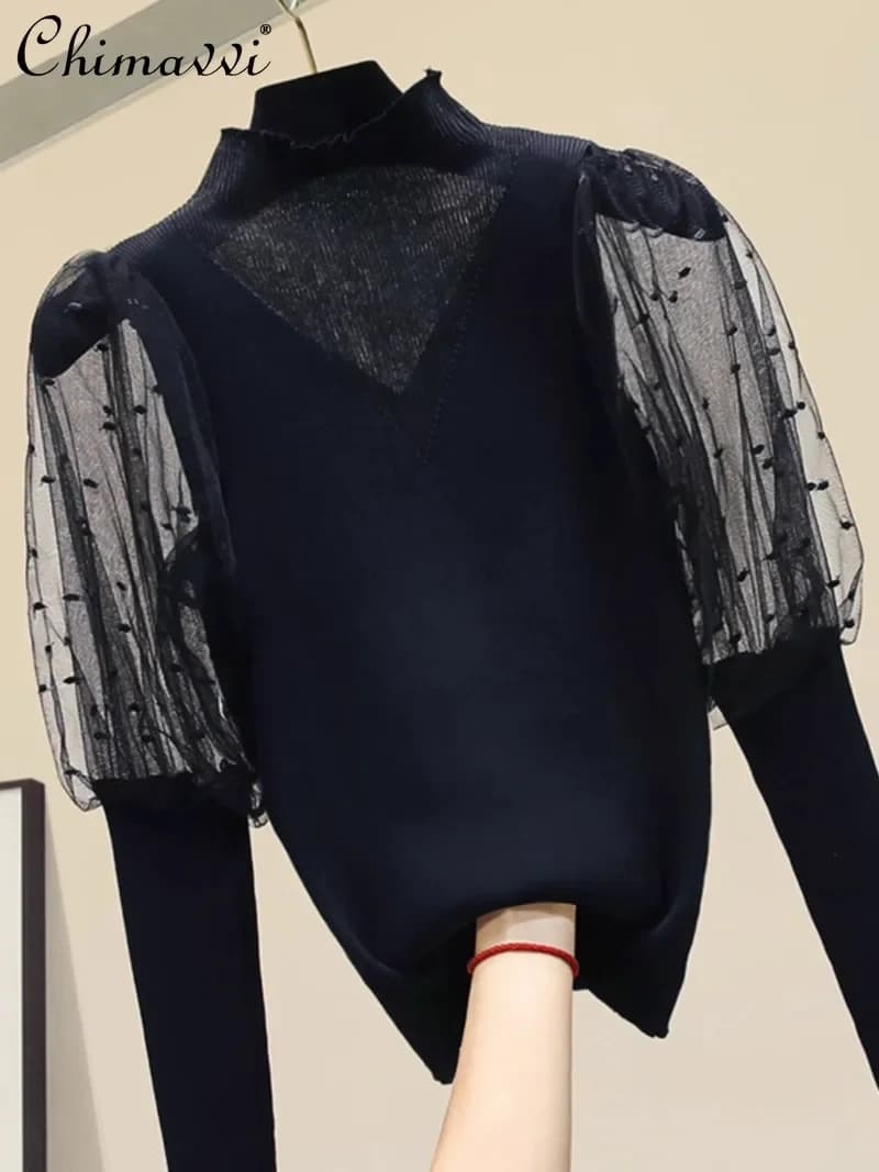 European Autumn New Lantern Sleeves Black and White Long Sleeves Light and Breathable Chiffon Splicing Knitted Sweater For Women