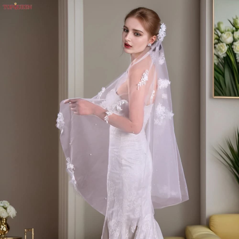 TOPQUEEN V52 3D Flowers Wedding Veil with Pearls Bridal Veils Cathedral Droped Luxury Bridal Veil Veu Long Wedding 3 Meters