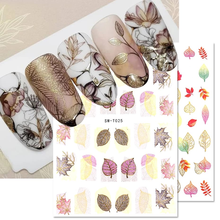 Luxury Gold Leaves Nail Art Manicure Maple Leaf Design Holographic Stickers Full Cover Adhesive Slider DIY Decor Foils SASW-T025