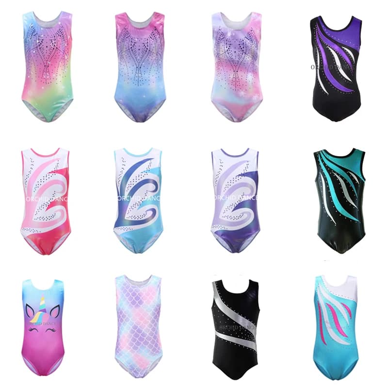 High Quality Many Designs Full Size Kids Girls Children Sleeveless Tank Rhinestones Rhythmic Gymnastics Leotards for sale