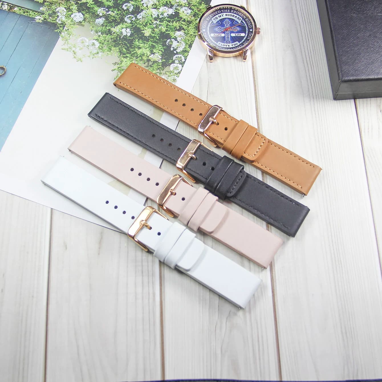 1PCS Genuine Leather Watch Strap Band Yellow Black White Pink 22/20mm width Easy Open Pin Rose Gold Buckle