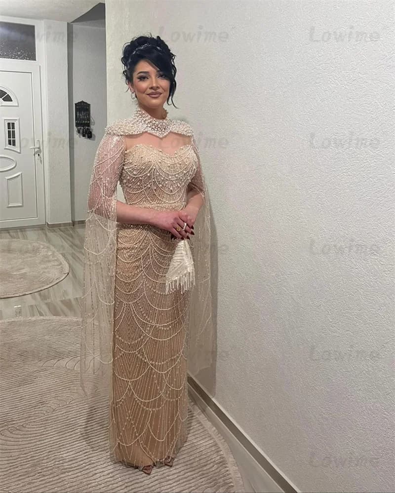 Champagne Evening Dress Sheer Neck Arabic Dubai Beading Pearls Prom Dresses Formal Party Second Reception 50th Birthday Dress