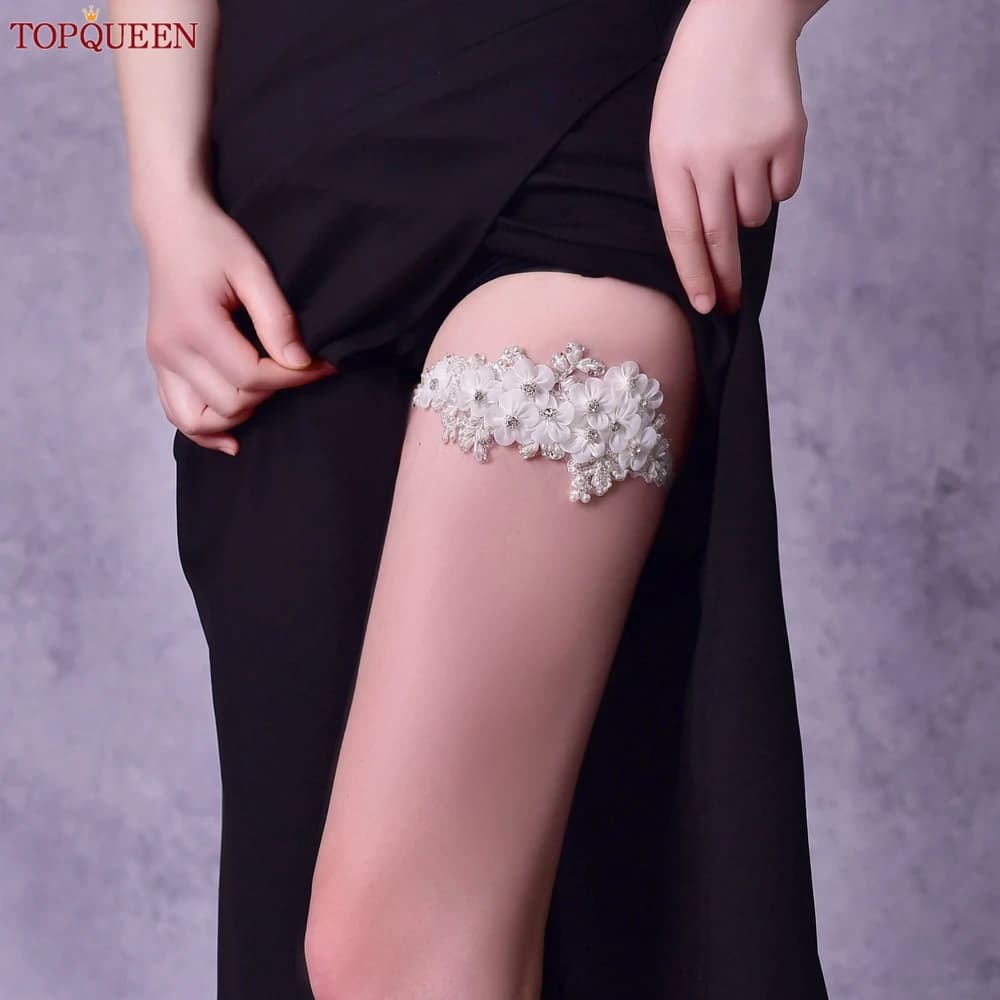 TOPQUEEN S355 Wedding Elastic Garter White Flower Pearl Sexy Garters Women/Female/Bride Thigh Ring Bridal Lace Leg Ring Loop