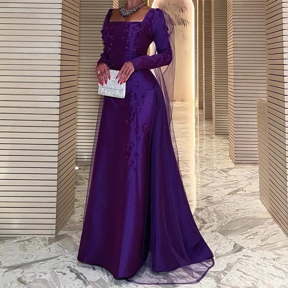 Customized  Appliques Tulle Off the Shoulder Evening Dress Fashion Square Neck Straight Long Sleeves Bespoke Occasion G