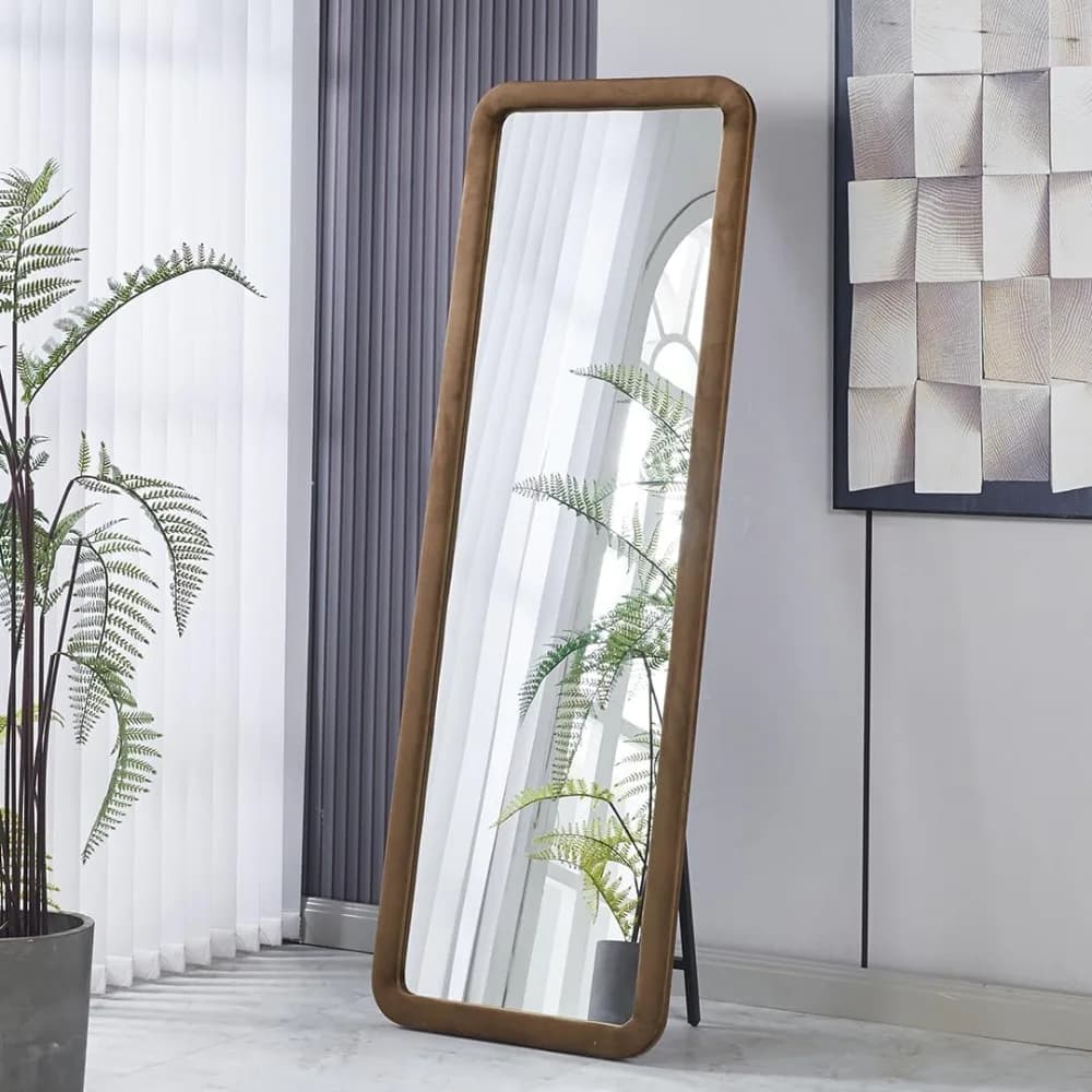 67”x23.6” Full Length Rectangle Mirror with Stand Brown Velvet Frame, Modern Full Body Mirror