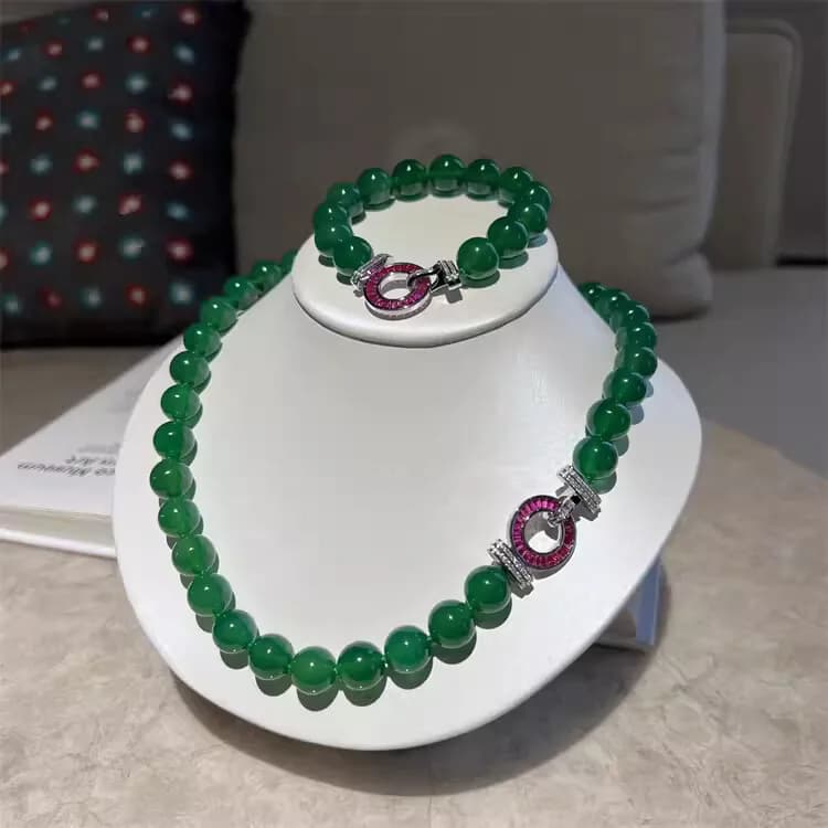 one set 2LAYERS green Agate round 10mm  necklace bracelet earrings  wholesale beads nature FPPJ