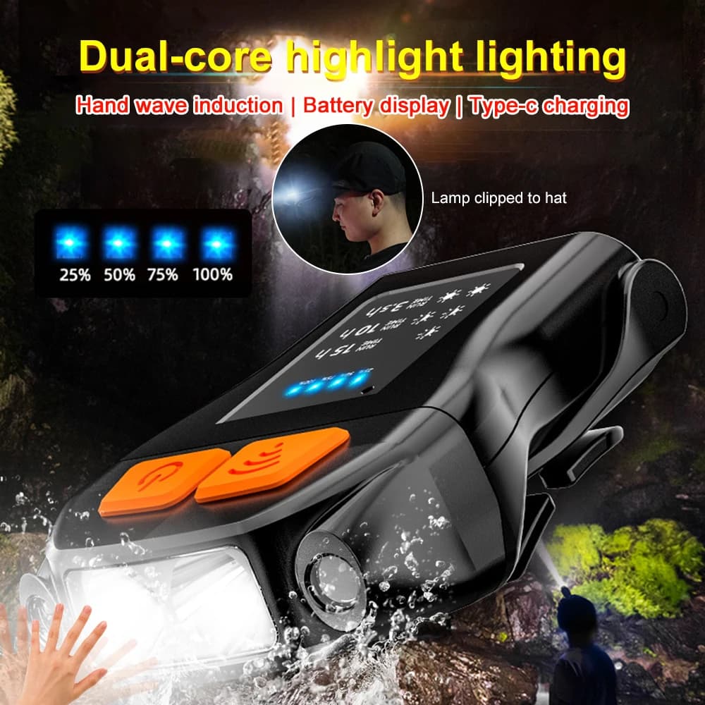Mini Headlight Outdoor Clip Cap Light Smart Sensor Waterproof Cycling Night Fishing Flashlight Portable Head Lamp Lighting Tool