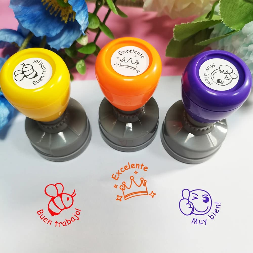 Color 3 pieces large Spanish encouragement stamp Teacher comment stamp grade homework with automatic ink can be re-filled