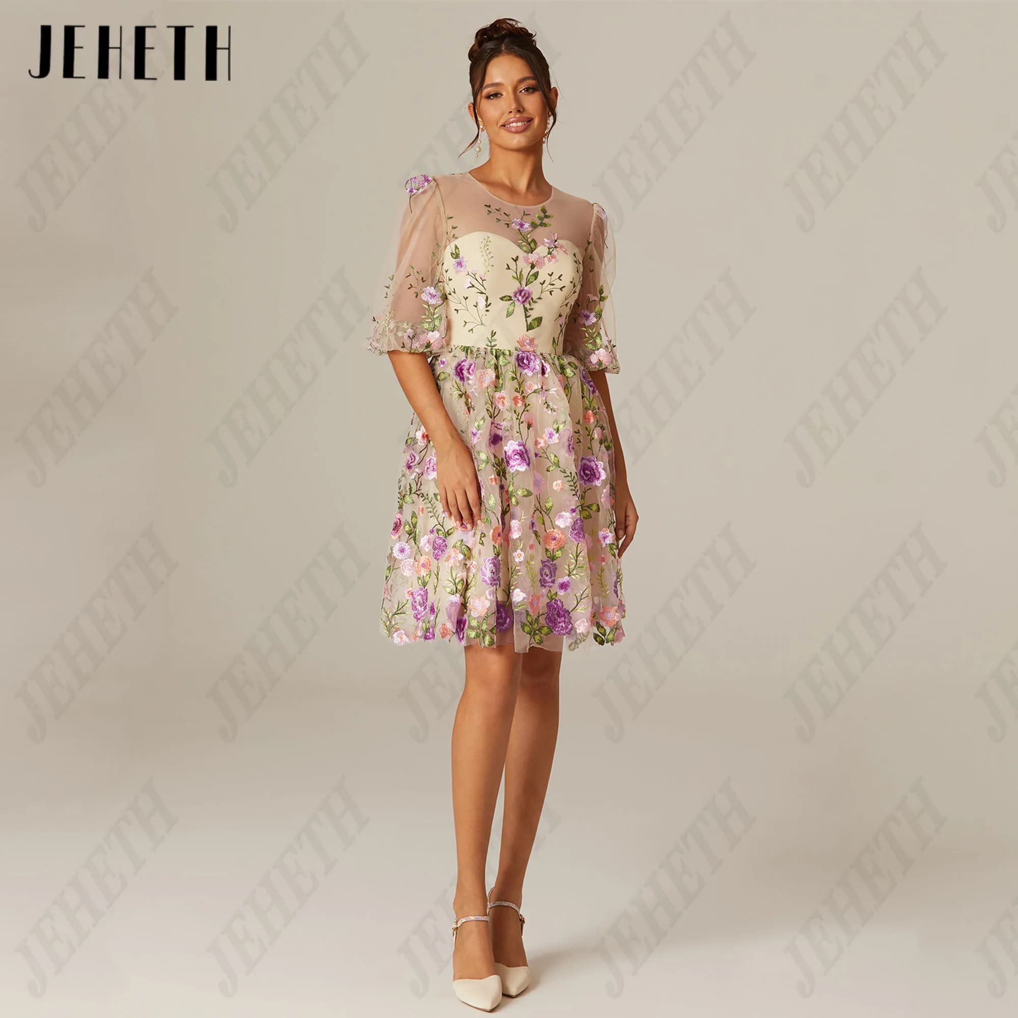JEHETH Short Prom Dress O-Neck Floral Print A-Line Tulle Half Puffy Sleeves Mini Party Gowns Embroidery Vestidos De Festa Custom