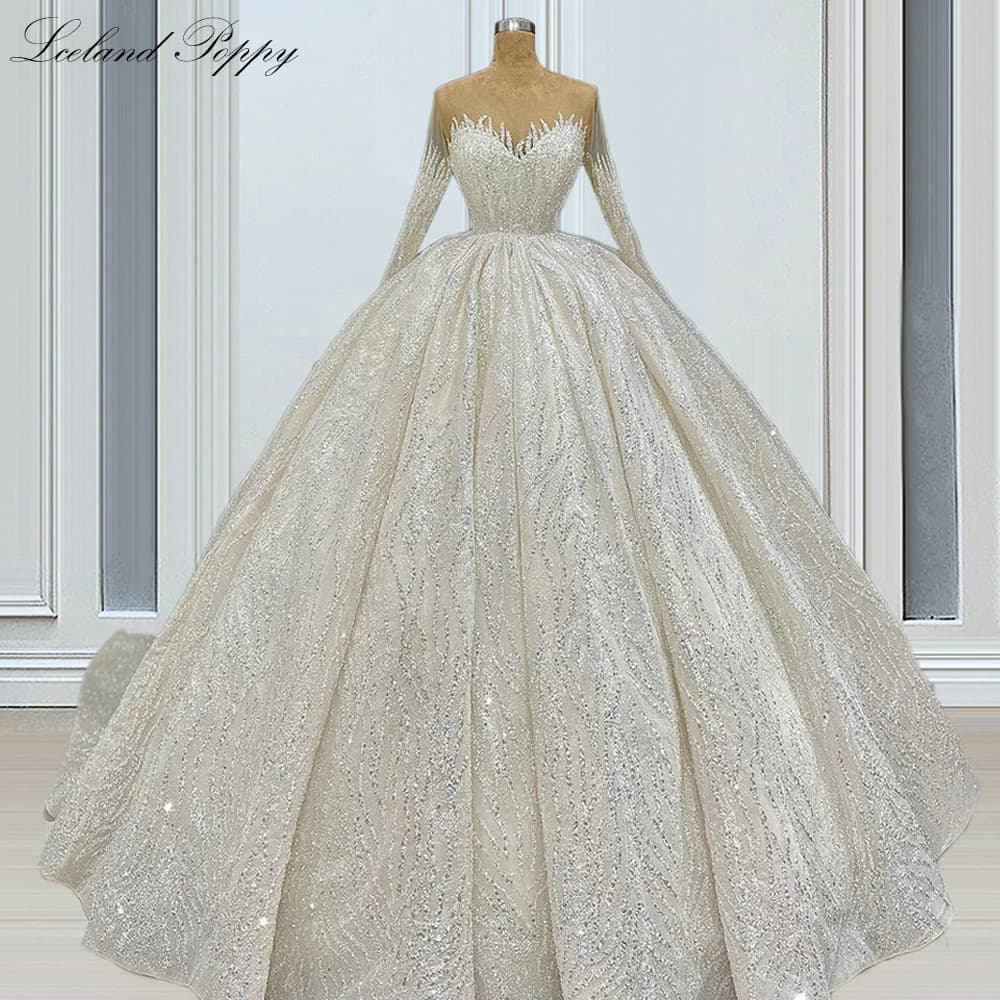 Lceland Poppy Customized Women's Ball Gown Lace Wedding Dresses Buttons Up Floor Length Beaded Bridal Gowns with Court Train