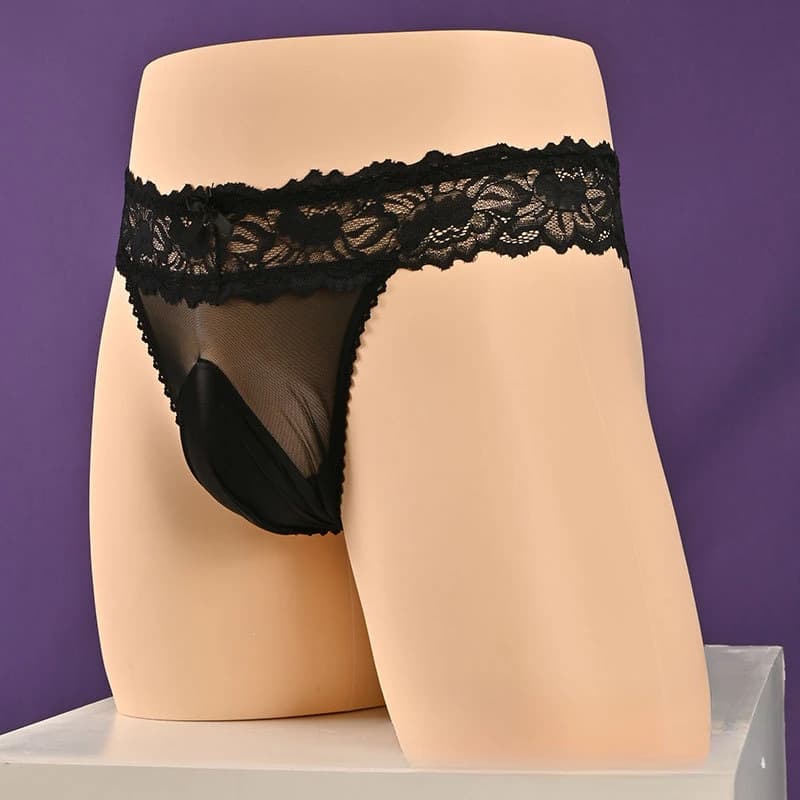 Mens Underwear Sexy Lace Hollow Thong Breathable Low Rise Transparent Briefs Lingerie Sheer Thong G-String Sissy Pouch Panties