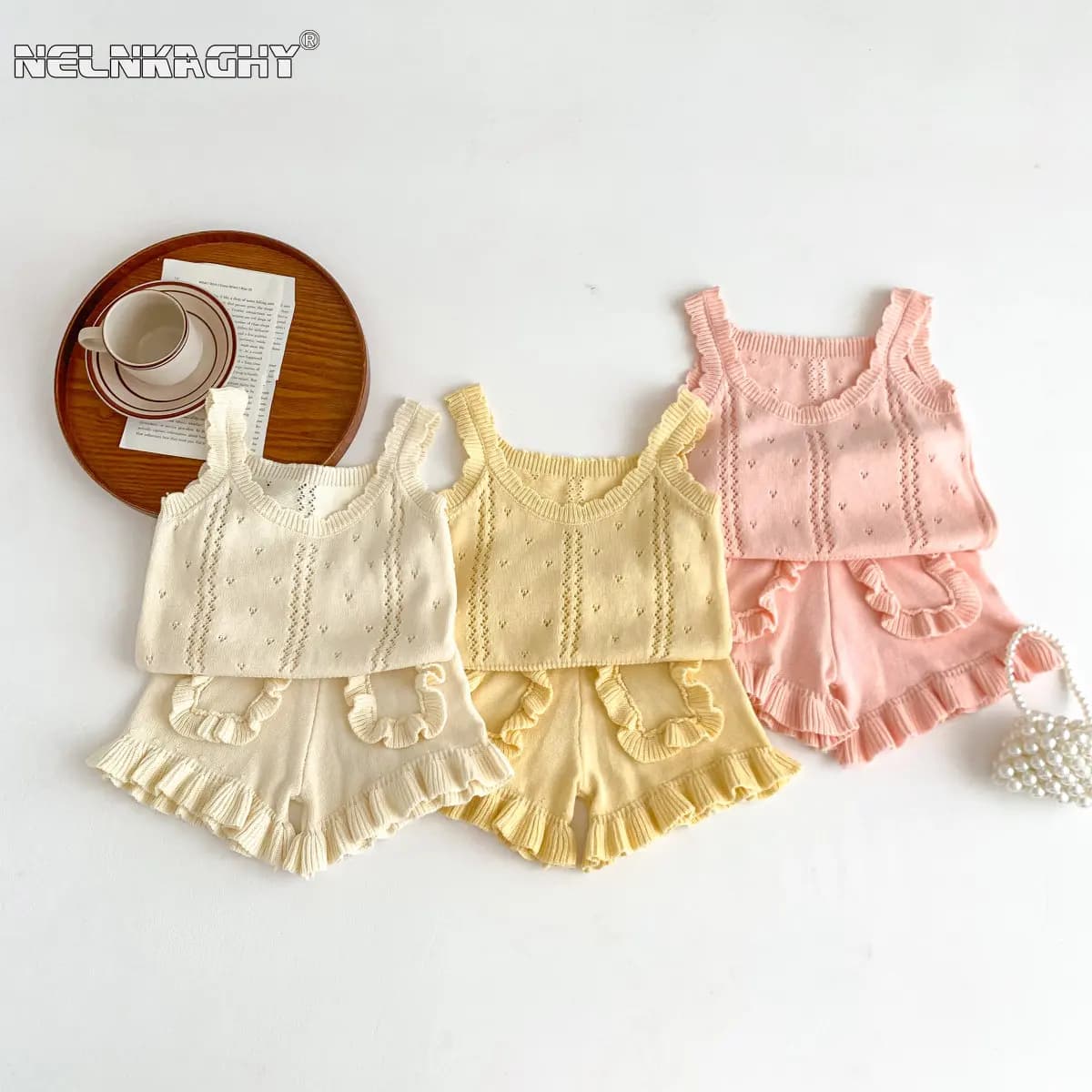 2025 Summer New In Kids Baby Girls Sleeveless Knitted Solid Color Hollow-out Top+Shorts Children Fasion Clothing Set 2pcs 6M-6Y