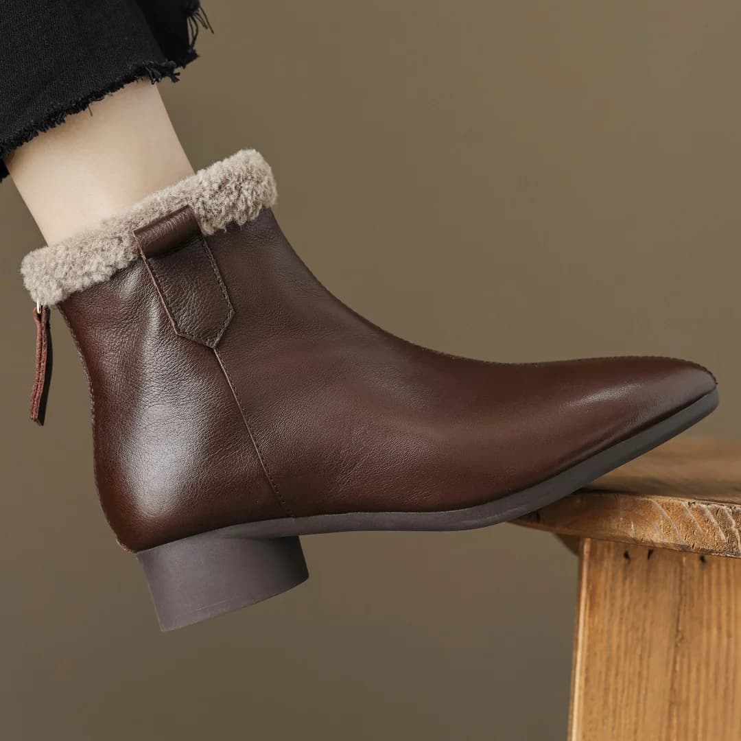 Women's cow leather back zip round toe flats winter warm plush short ankle boots elegant ladies slim cold weather snow boots hot