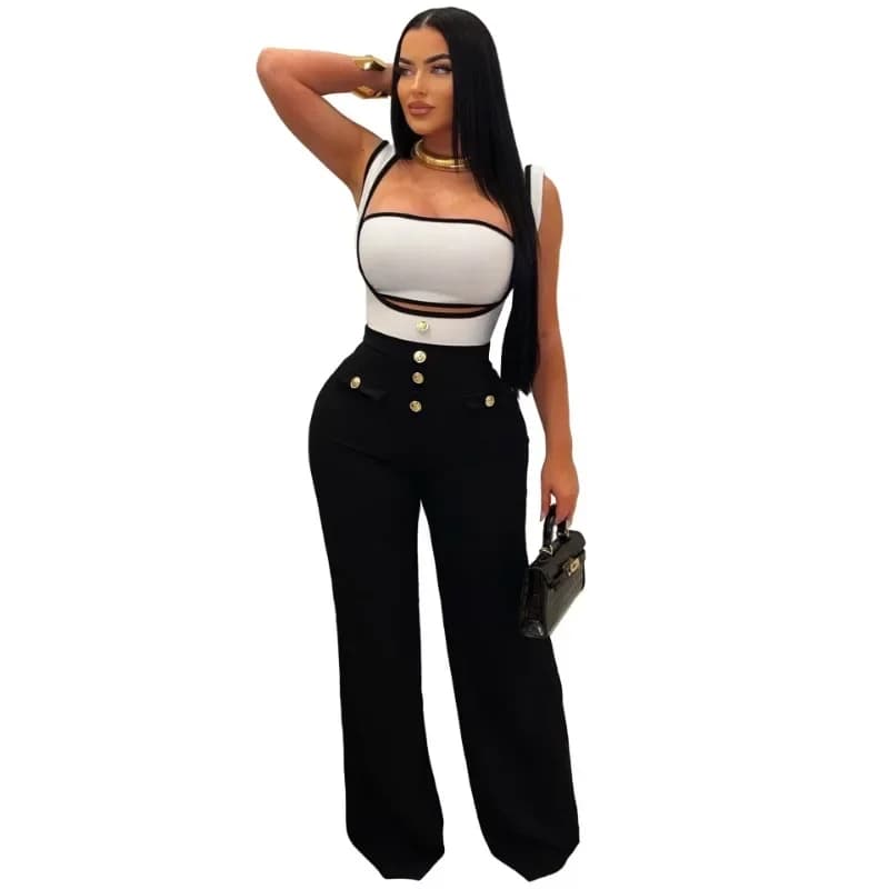 Fashion Women 2 Piece Set Strapless Crop Top Color Patchwork Buttons 2024 Spaghetti Straps Wide Leg Pants Jumpsuits Streetwear