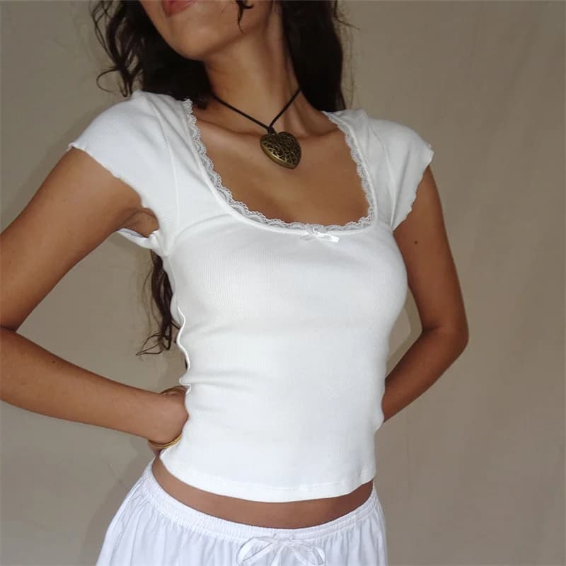 y2k Vintage Baby Tee Cottage Lace Trim Knitted T-Shirt Summer Square Neck Short Sleeve Tee Shirt  Women White Milkmaid Crop Top