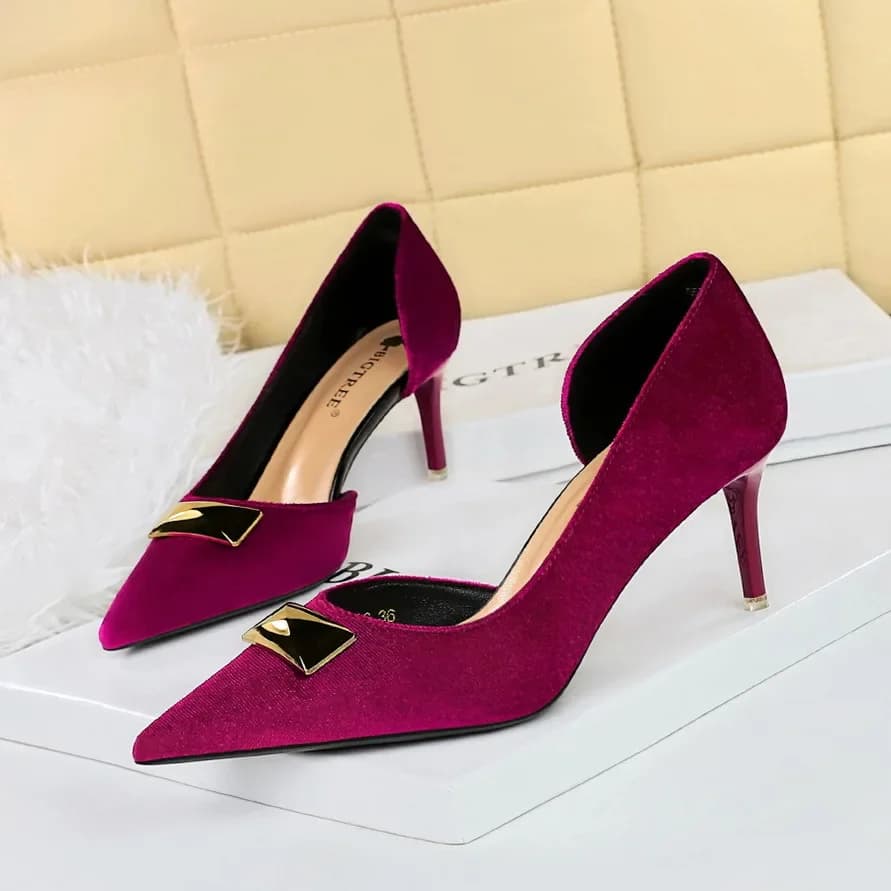 BIGTREE Western Style 7cm High Heels Side Hollow Pumps Lady Luxury Designer Metal Buckle High Heels Stiletto Black Prom Shoes