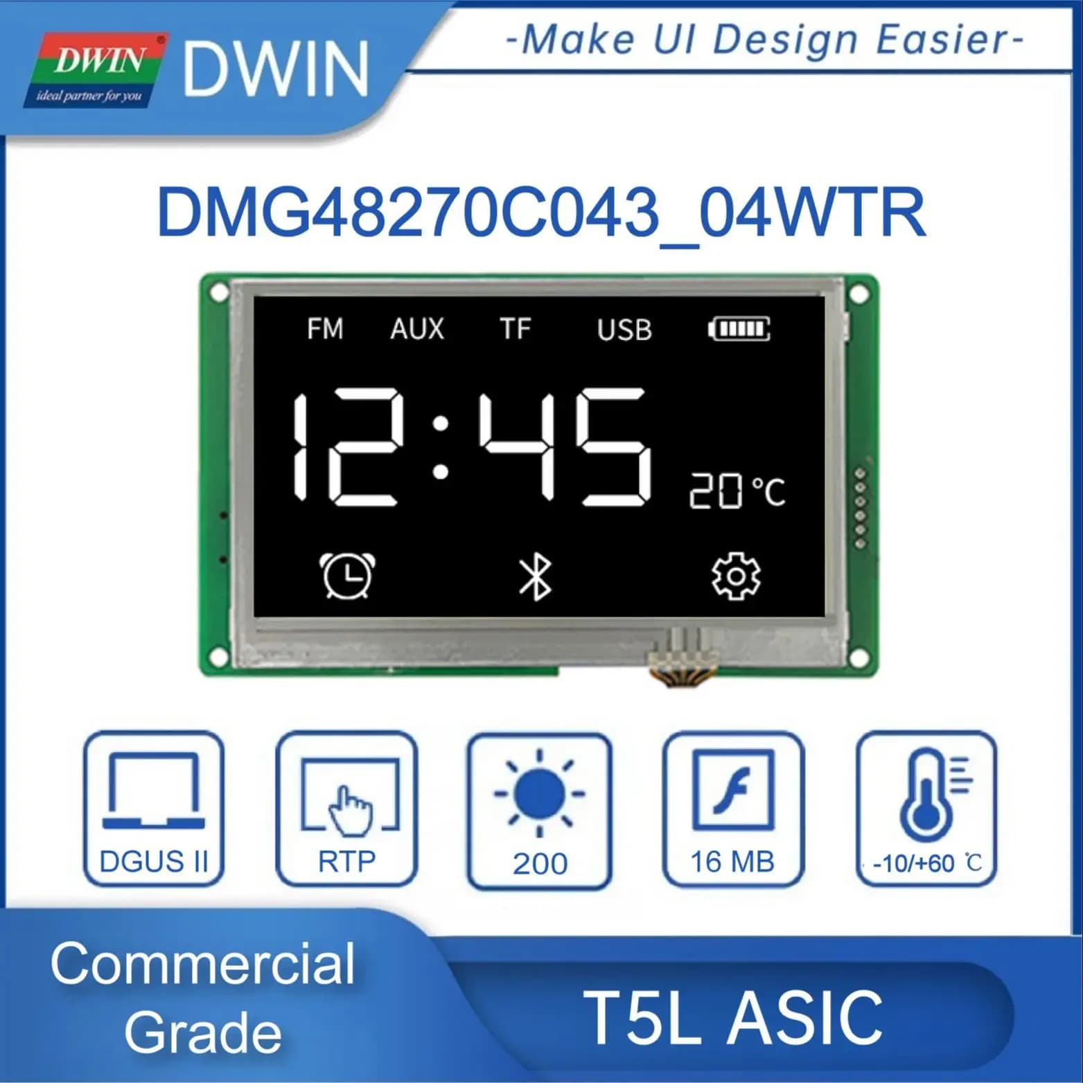 DWIN 4.3 inch 480*272 Pixels Resolution  262K Colors TV-TN-TFT-LCD Commercial Grade DMG48270C043_04W