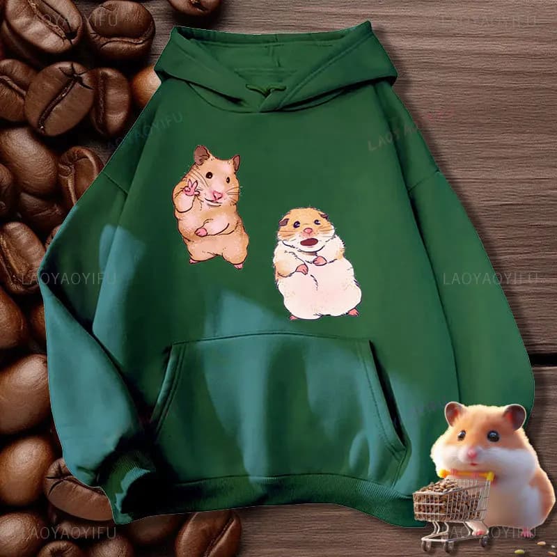 Funny Photograph The Hamster and Scare The Hamster Cartoon Printed Hoodie Woman Autumn Winter Sweatshirt Drop Shoulder Pullover