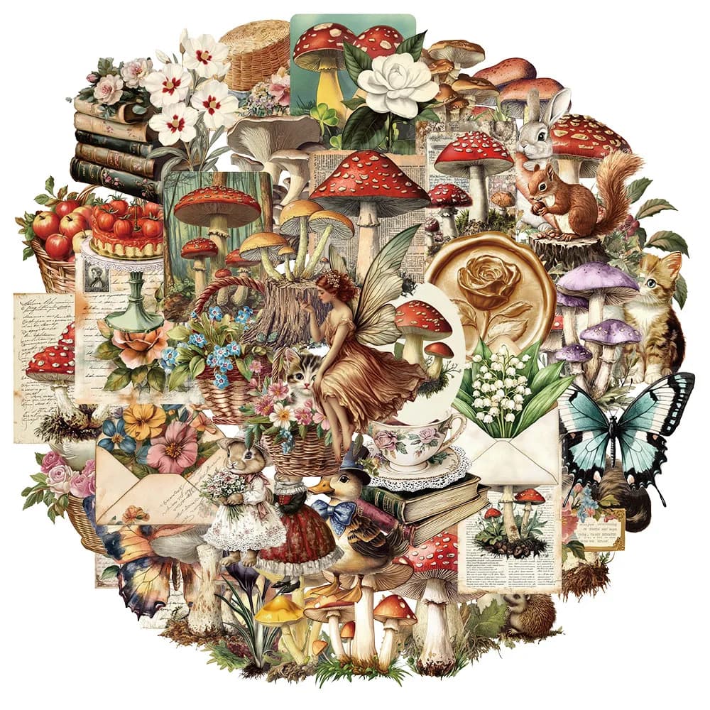 50PCS Retro Mushroom Graffiti Stickers Handmade Account DIY Luggage Notebook Motorcycle PET Waterproof Stickers