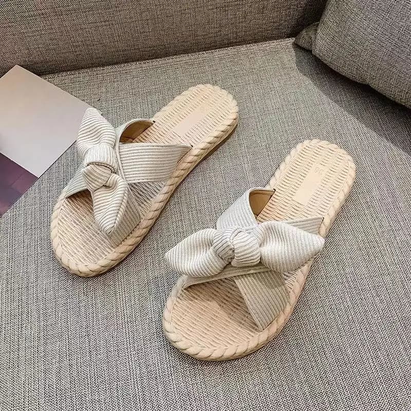 2024 Summer New Woman's One Word Bow Flat Sole Slipper Soft Sole Non Slip Anti Odor Home Slipper Outdoor Beach Slippers