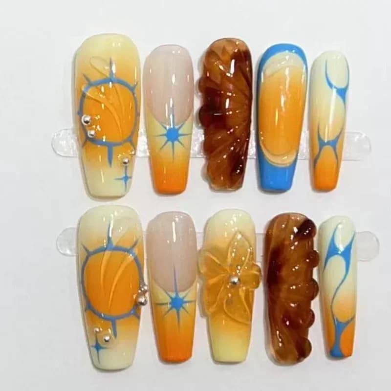 10Pcs Handmade Press On Nails Full Cover Colorful Flower Butterfly French Ballet Summer False Nails Wearable Manicure Nail Tips